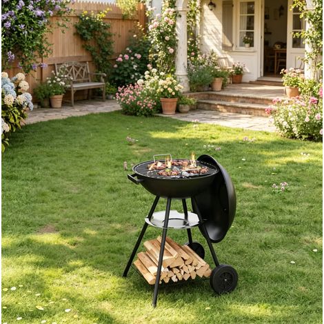 Barbacoa de carbón redonda 45,5 x 42 x 73 cm con tapa, negra HAVRYA (1/4)