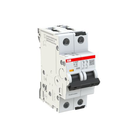 S300P-Disjoncteur 2P-10A-Courbe D-Pdc 25000A-400VAC 25KA-230VAC 50kA-2 modules 2CDS382001R0101 ABB A907895 (1/3)