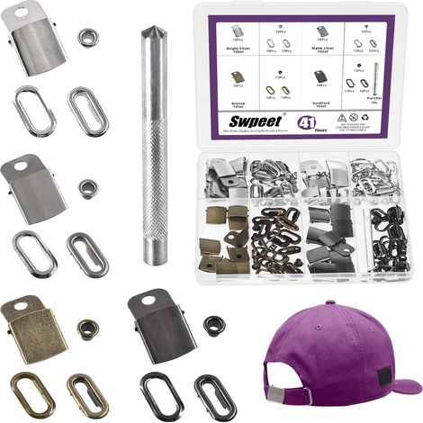 40 Ensembles 4 Couleurs de Boucles de Casquette en Acier Inoxydable avec Outil d'Installation et Poinçon, Fermetures Ajustables et Œillets, Boucle de Casquette pour Réparation et Remplacement (1/5)