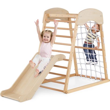 Set gioco da arrampicata in legno con ancoraggi al pavimento, Parco giochi con rampicata a doppia faccia Naturale (1/4)