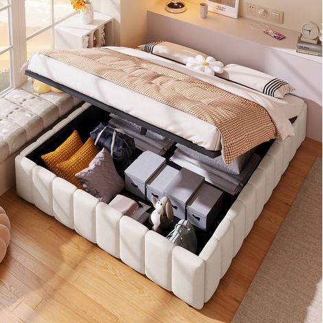 Cama canapé 140x200 cm en tejido beige, ahorro de espacio para dormitorio, sin colchón FloraGrace (1/5)