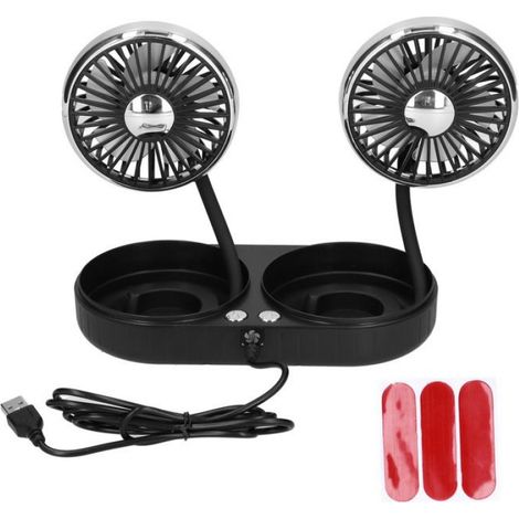 Ventilateur Voiture - USB - Rotation 360° - 2 Têtes - 3 Vitesses Réglables - Pour Voiture Bureau Maison - Noir Argent (1/5)