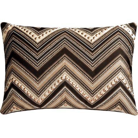 Funda de almohada lumbar marrón de 30 x 50 cm (12" x 20"), de seda con estampado de espiga, rectangular, bordada y con cuentas, de estilo geométrico moderno - Chevron Peak