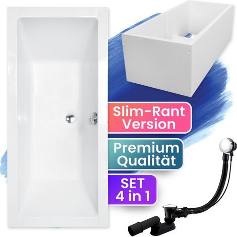 Badewanne Rechteck 170x75 mit Wannenträger, Ablaufgarnitur & Füßen GRATIS - Komplettset 4in1 Original Acryl Wanne Siphon - BADLAND QUADRO SLIM (1/5)