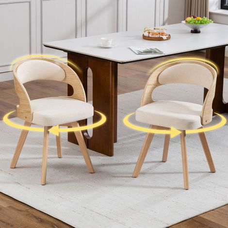 Set di due sedie da pranzo moderne in legno, con seduta girevole, cuscini in misto cotone e lino e schienale curvo — Sedie d'accento per cucina, caffetteria e soggiorno (Lino Beige)
