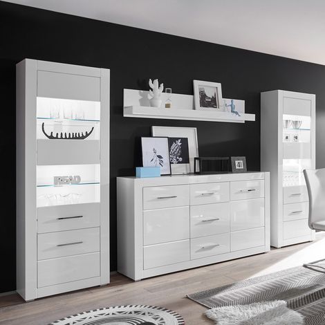 Weiß glänzende 4-tlg. Wohnwand-Kombi BALVE-61 mit Vitrinen inkl. LED BxHxT: 324x198x42cm (1/5)