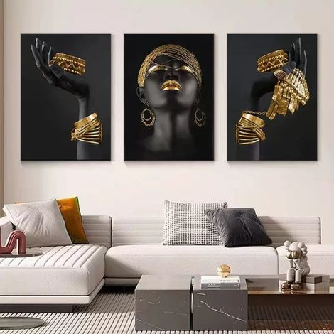 Peinture à suspendre de beauté noire africaine, peinture de fond sur canapé, peinture sur toile décorative – sans cadre (affiche 40 x 50 cm x 3) (1/5)