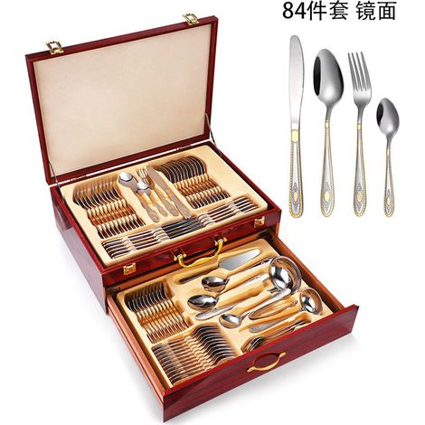 (Ensemble de 84 pièces - finition miroir) Ensemble de couverts en acier inoxydable comprenant couteaux, fourchettes et cuillères (1/2)