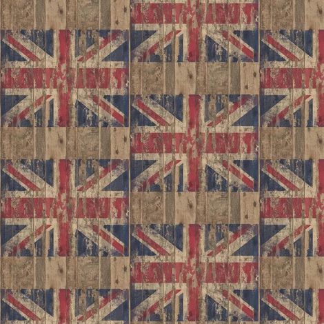 Galerie Distressed Brown Wood Union Jack Wallpaper Stylish Paste The Wall (1/4)