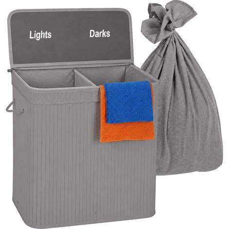 Relaxdays laundry hamper with lid, 2 compartments, bamboo, 100 L, foldable, HxWxD: 60 x 52 x 32 cm, grey (1/5)