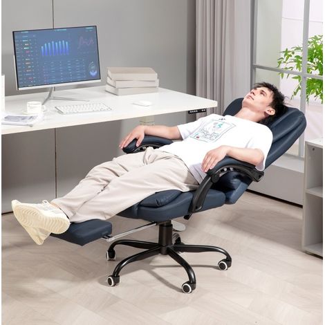 Chaise de bureau en cuir bleu avec massage, repose-pieds et dossier inclinable 90-155°, pivotante 360°, 67 x 67 x 111-121 cm (1/5)