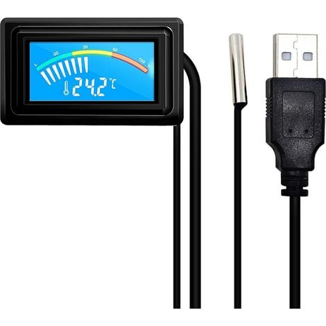 Thermomètre d'affichage à pointeur Numérique USB, DC 4V-25V LCD Jauge de Température avec NTC Sonde étanche, Celsius/Fahrenheit -50℃110℃ pour PC Ordinateur Voiture Moto Aquarium (1/5)