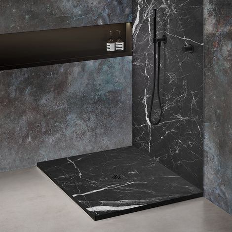 Receveur de douche 100x100 cm en résine effet marbre noir avec caniveau (1/5)