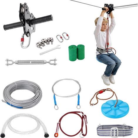Tyrolienne 30,5 m Kit de Tyrolienne Complet Charge 150 kg Configuration Facile avec Frein à Ressort Ceinture et Harnais de Sécurité pour Jardin Arrière-Cour (Ados Uniquement. Pas pour Adultes)