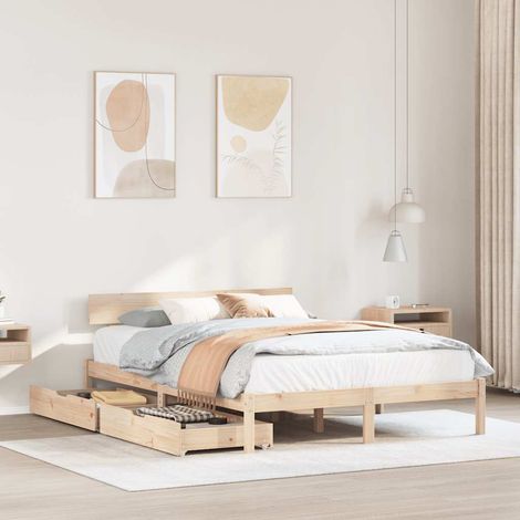 Cadre de Lit Pin Massif 120x200 cm avec 2 Tiroirs et Sommier Lattes (1/4)