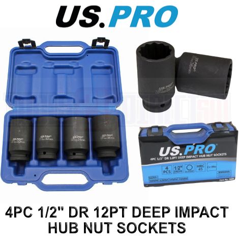 US PRO Hub Nut Deep Impact Socket 30mm 32mm 34mm 36mm 4Pc 1/2"" Socket 12 pt 3686