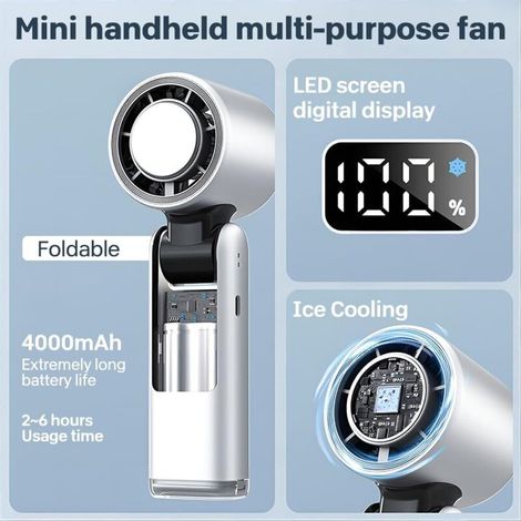DPZO Ventilateur portable avec refroidisseur à glace, ventilateur portable à 100 vitesses pliable avec écran LED, Autre batterie 4000 mAh, rechargeable par USB, pour voyage, extérieur, camping ,Blanc (1/4)