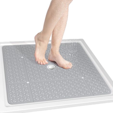 Tapis de douche carré 68,5 x 68,5 cm, en TPE antidérapant avec ventouses et trous d'évacuation, séchage rapide, gris clair (1/5)