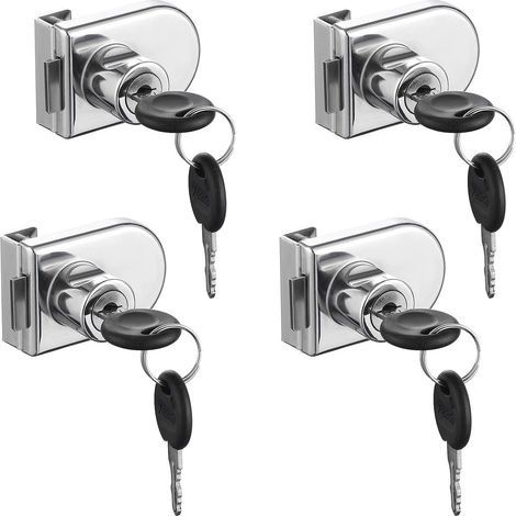 Serrure de Porte en Verre, 4 pièces Serrures à Came, Verrouillage de Sécurité de la Vitrine de l'armoire de Porte en Verre pour Porte en Verre de 5-8 mm Sans Perçage ( avec 8 clés) (1/5)