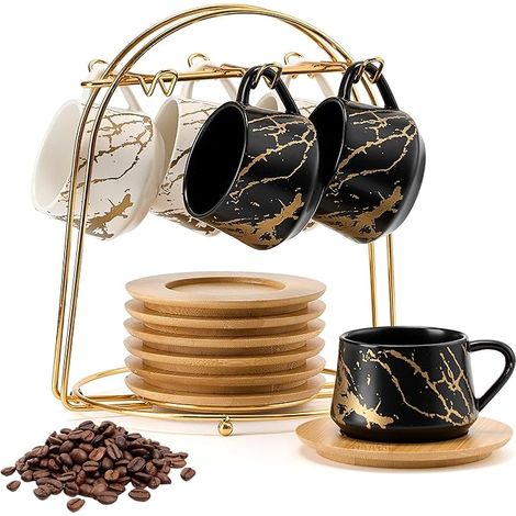 Ensemble de tasses à café en céramique et soucoupes en bois avec support en métal doré, Motif marbre, tasses empilables pour cappuccino, expresso, boissons de café spécialisées, latte (1/5)
