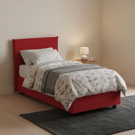 Dmora - Cama individual Daugell, Cama contenedor con revestimiento de tela, 100% Made in Italy, Apertura lateral, con colchón Cm 80x190 incluido, Rojo (1/4)