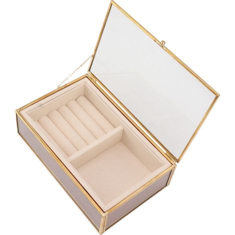 Tragbare, minimalistische Schmuckschatulle mit transparentem Glasdeckel, weichem Fleecefutter, ideal für Reisen, und goldenem Rahmen. (1/5)
