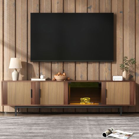 Meuble TV 200 x 35 x 53 cm avec LED, 2 portes en verre trempé, façades texturées, rangement, noir et noyer (1/5)