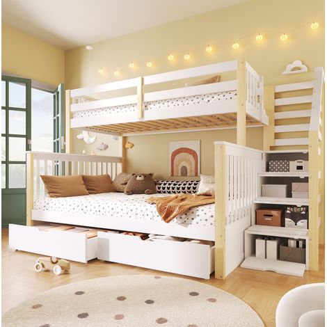 Letto a castello in pino bianco e naturale, 90x200 / 140x200 cm, con cassetti contenitore, materasso non incluso. (1/5)