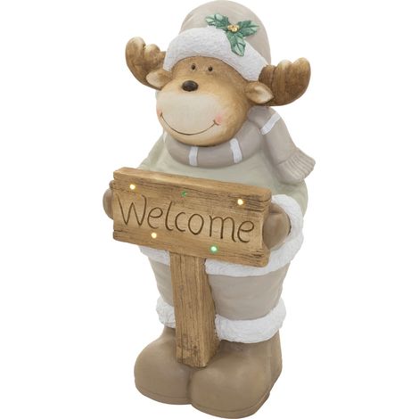 ECD Germany Figurine d'élan de Noël avec éclairage LED, décoration d'intérieur renne avec bonnet écharpe et panneau Welcome, 76 cm, fonctionne à piles, statuette décorative en magnésie, marron-blanc (1/5)