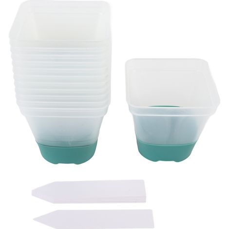 Juego de 12 macetas de plástico reutilizables para vivero, con 12 etiquetas, orificios de drenaje y base de silicona suave, para flores de jardín (verde). (1/5)