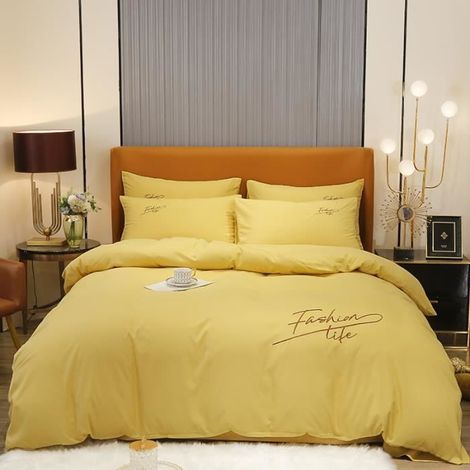 Parure de drap brodée en Coton lavé - Parure de lit 4 Pcs avec 2 Taies d'oreiller, 1 Drap, 1 Housse de Couette - 200x230cm - Or (1/4)