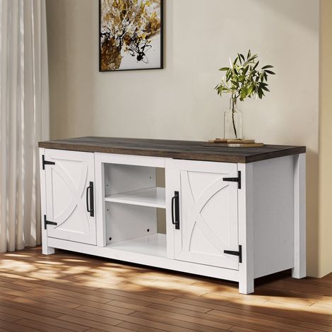 Parrot Uncle TV-Lowboard 147 cm, TV-Schrank für Fernseher bis 65 Zoll, mit 2 offenen Fächern und 2 Türen, Stauraum, Weiß