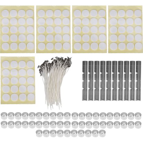 Lot de 260 mèches à bougie 15cm, 100 autocollants double face, 50 coques à bougie jaunes, 10 supports inox pour mèches, coques alu 23g (1/5)