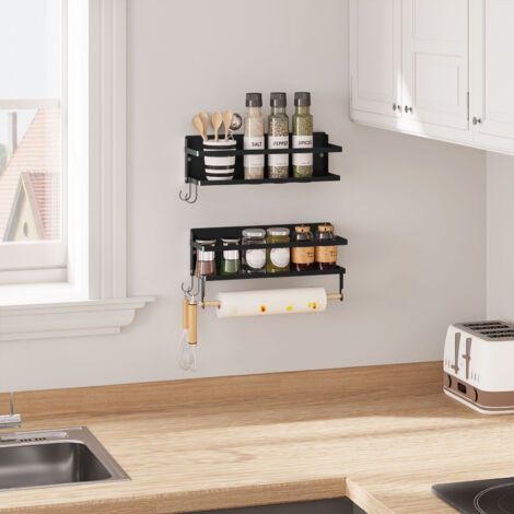 WOLTU 2er Set Gewürzregal Wand Wandregal Gewürzhalter Küchenregal Aufbewahrung mit Küchenrollenhalter 4 Haken Schweberegal hängend Wandmontage, aus Metall Holz, Schwarz