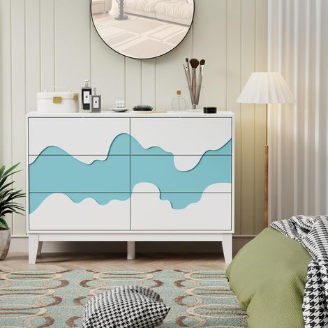 UEV – Commode 6 tiroirs 100 cm – Bois d'ingénierie – Motif vague irrégulière – Dimensions 100 x 35 x 72 cm – Pour chambre, salon, salle à manger (1/5)