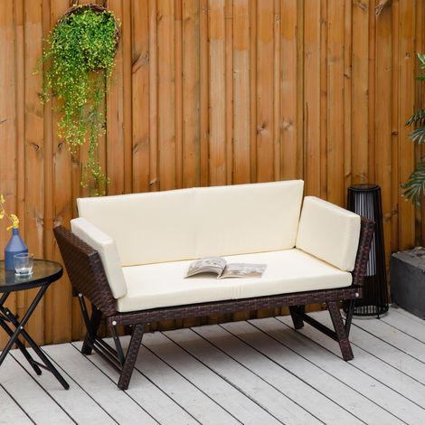 Outsunny Polyrattan Gartensofa 2 Sitzer Gartenmöbel Loungesofa Gartenbank Gartenliege klappbar Armlehnen Stahl Braun 129 x 63 x 67 cm