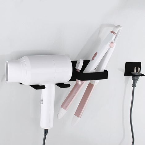 Soporte de pared negro para secador/plancha de pelo con almacenamiento de cable, multifuncional para hotel/baño/peluquería.