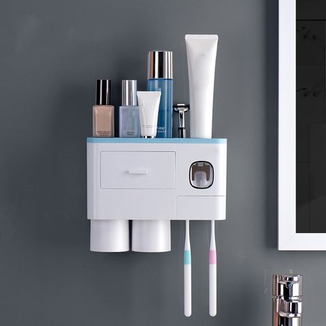 Support de rangement pour brosse à dents, support d'adsorption magnétique inversé, presse-dentifrice, 2 tasses bleues (1/4)