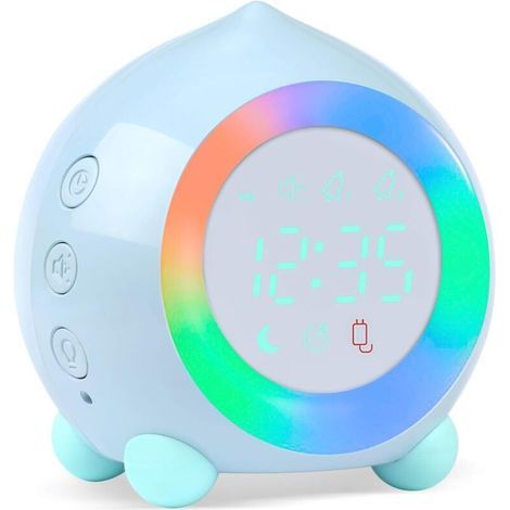 Réveil Enfant Lumineux LED Numerique Lampe Réveil Veilleuse Fille Garçons Jour Nuit Enfant Volume Réglable Snooze Réveil en USB Charge-Bleu- (1/5)