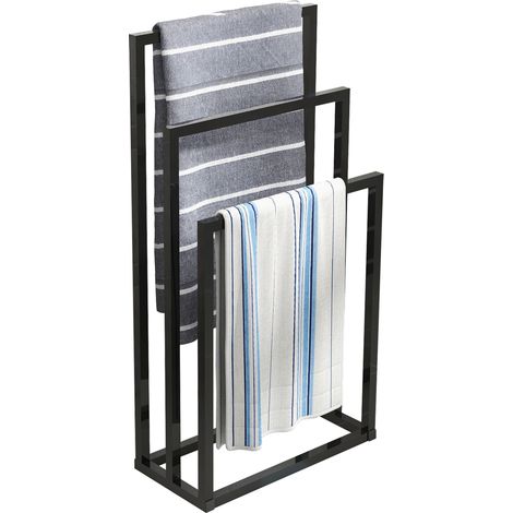Porte-serviettes sur pied 3 niveaux en métal noir, support large 22 cm pour serviettes de bain, piscine, buanderie et chambre – CHICFURN (1/5)