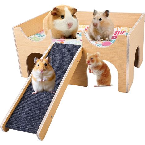 Large Solid Wood Guinea Pig House with Ramp and 3 Entrances Natural Rabbit House for Rats, Hamsters and Small Animals (1/5)