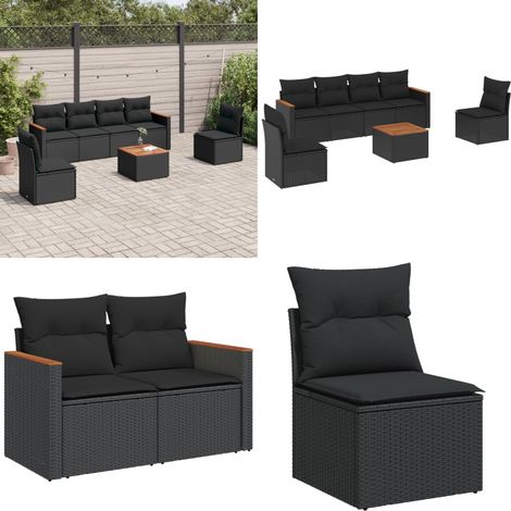 Salon de jardin 7 pcs avec coussins noir résine tressée - Ensemble Salon De Jardin - Mobilier De Jardin - Salon Extérieur - Canapé Jardin - Table Basse Jardin - Home & Living (1/5)