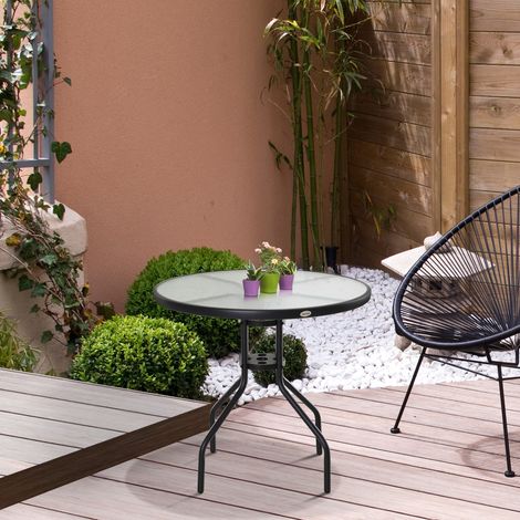 Table appoint jardin plateau verre trempé trou parasol acier Ф80x72cm, noir