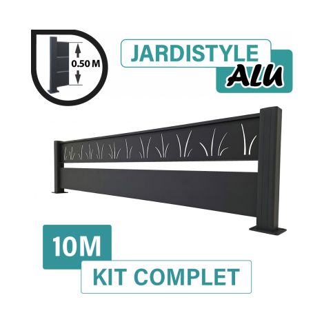 Kit Clôture Aluminium Gris Anthracite 10M - Claire voie Design Tahiti - Sur Platines - 0,50 mètre