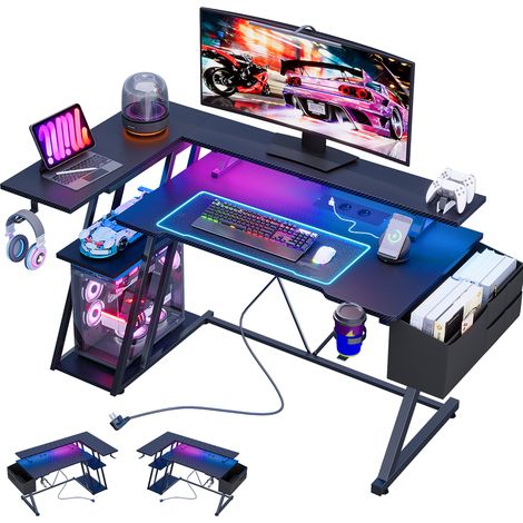 Bureau Gaming LED, 100 X 90 X 65 CM, avec Support Ecran et Multiprise, Noir Fibre de Carbone, Bureau Gaming D'angle Forme L avec Etagères de Rangement