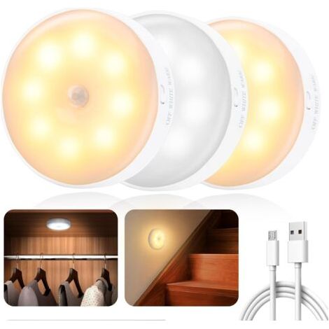 3 Pièces Lampe Détecteur De Mouvement, LED Rechargeable Sans Fil, 3 Modes Lumière, Pour Escalier, Couloir, Armoire (1/5)