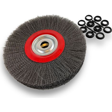 Brosse circulaire ACIER Ø 300 mm Epaisseur 3 rangs Fil dur 0.30 mm ondulé Alésage 32 mm + réducteur bague 25/22/20/16/12 mm Touret meuleuse affûteuse ponceuse Kibros 231303AT (1/5)