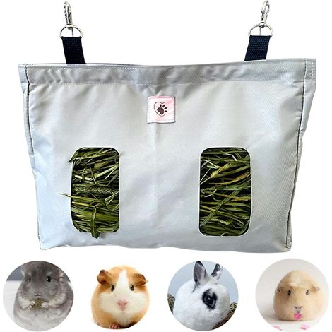 Hay Bag, Rabbit Hay Feeder Bag, Guinea Pig Feeder, Animal Hay Bag, for Rabbit, Guinea Pig, Hamster, Chinchilla, Pets (2 Openings) (Grey) (1/5)