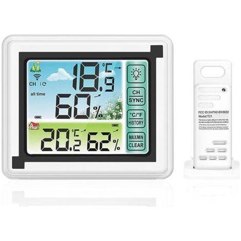 Station Météo Sans Fil Avec Capteur Extérieur Thermomètre et Hygromètre Numérique Intérieur Extérieur Rétroéclairage Réglable avec Grand écran LCD pour la Maison et Le Bureau (1/5)