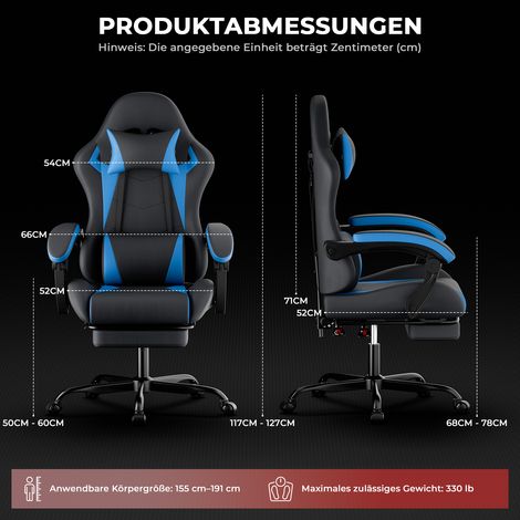 Chaise gaming ergonomique, dossier lombaire et appui-tête, hauteur ajustable, pour ado et adulte, fille/garçon, teinte noire et bleue (1/5)